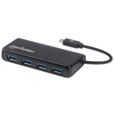 Conector Múltiple de 4 Puertos para USB MANHATTAN 164924 - USB Tipo-C, 5000 Mbit/s, 4 x USB 3.0 A, Negro, 4 puertos