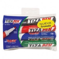 Marcador para Pizarron Blanco BACO TIZAPEN 50519. Bopp con 4 colores: Negro - Azul, Rojo y Verde. Base de alcohol con barril de plástico.