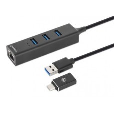 180894 Adaptador USB-A macho con acoplador USB-C macho a conector RJ-45 hembra y tres conectores USB-A de 5 Gbps de Súper Velocidad (USB 3.2 Gen1) - aliment